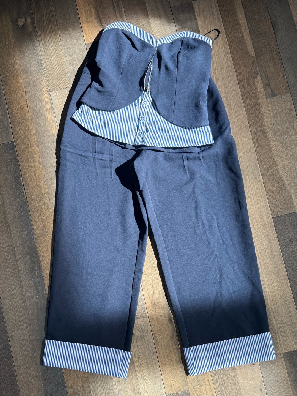 NWT Commense Pantsuit with Navy Wide-Leg Striped Cuffs